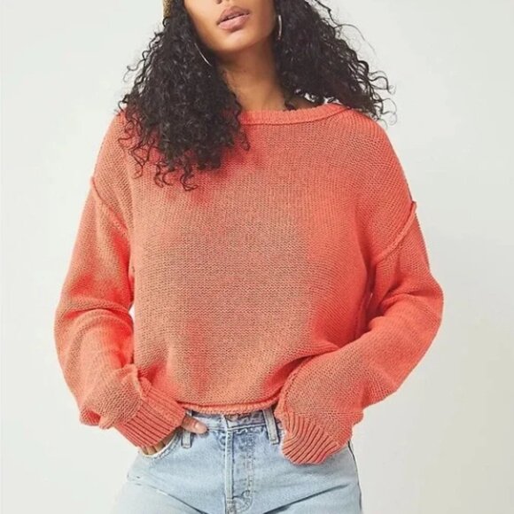 Free People Inside Out Cotton Knit Pullover Sweater in Coral - Picture 1 of 5